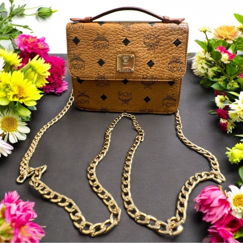 MCM Visetos Cognac Top Handle Crossbody Bag With Unbranded Chain A158
